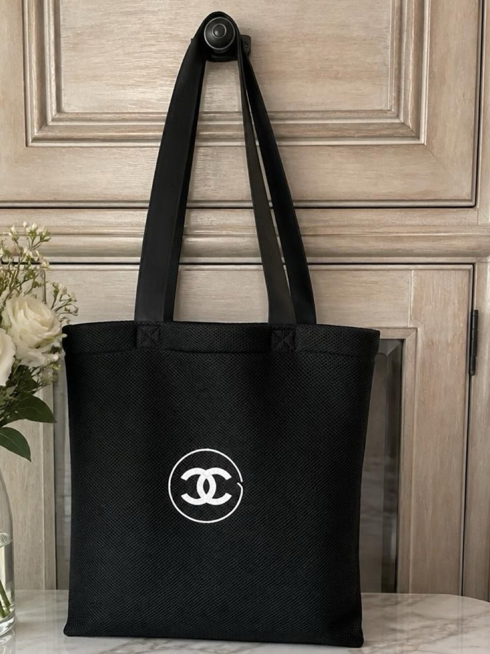 CC  Black Mesh Tote with White CC Logo